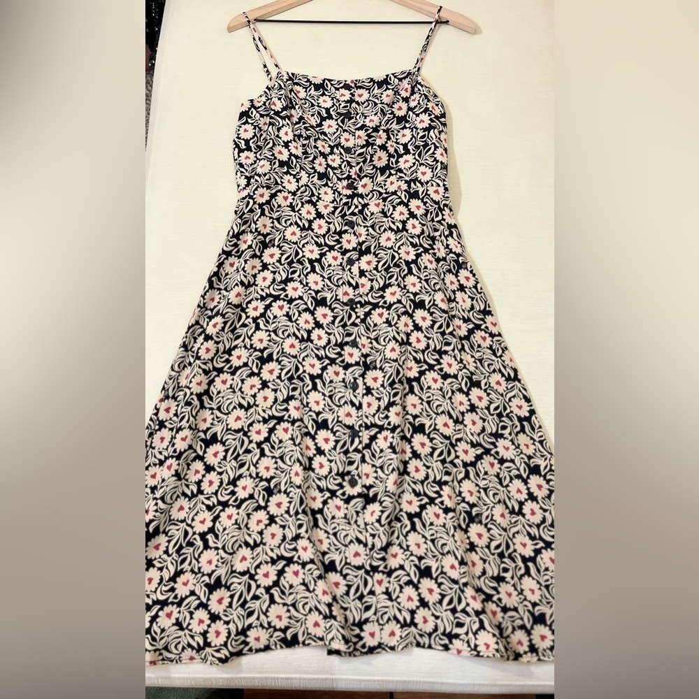 HVN 100% Silk Black Floral Midi Dress Spaghetti Straps Cottagecore Garden Party